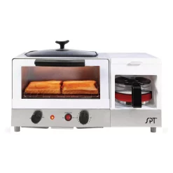 Outlet ✔️ SPT Breakfast Center 1450 W 2-Slice White And Stainless Steel Toaster Oven With Griddle And Coffee Maker 👏